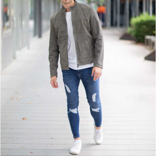 Men's Grey Suede Tailored Genuine Leather Jacket