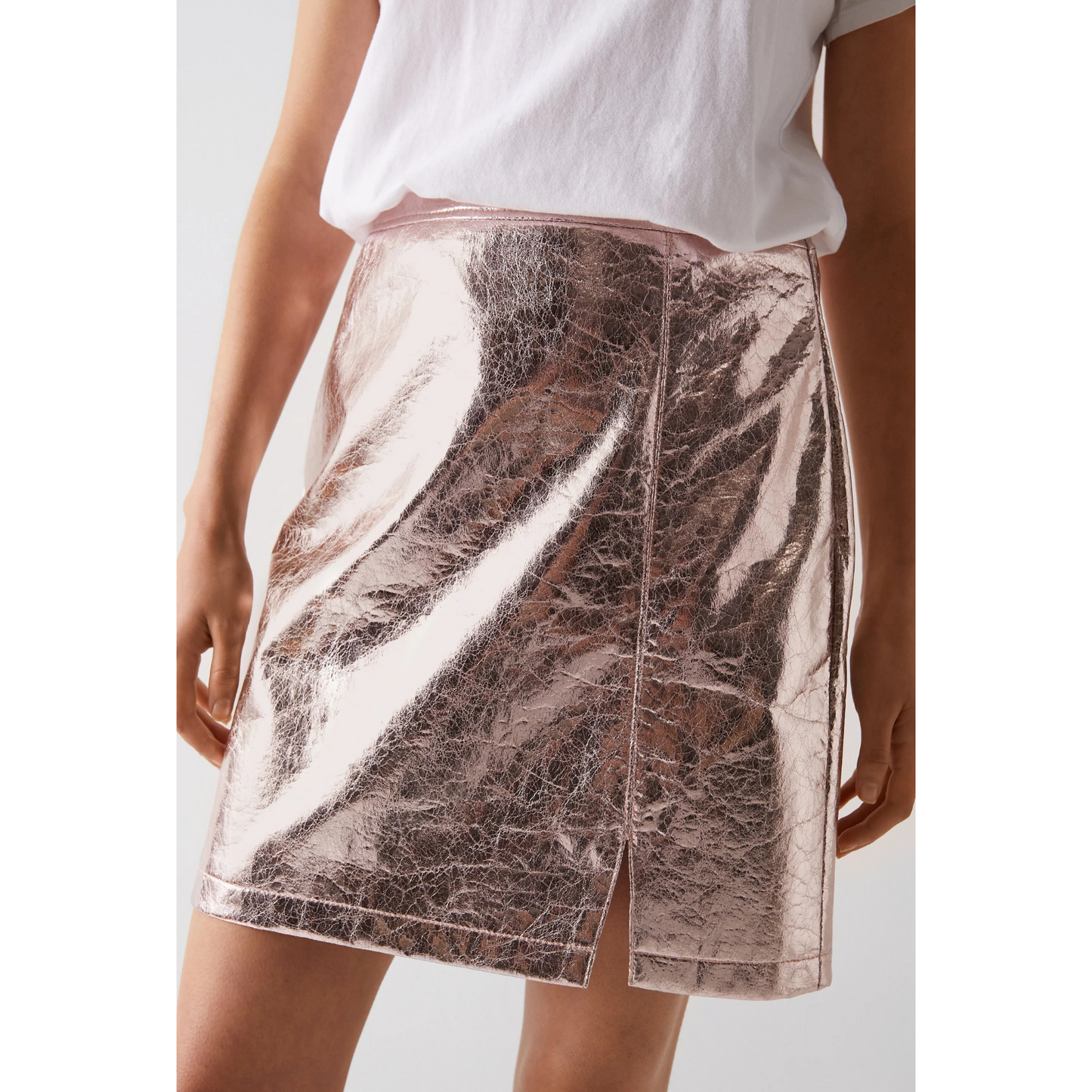 Womens Electric Blue Crush Metallic Foil EffectGenuine Leather Mini Skirt