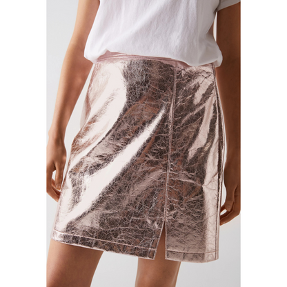 Womens Electric Blue Crush Metallic Foil EffectGenuine Leather Mini Skirt