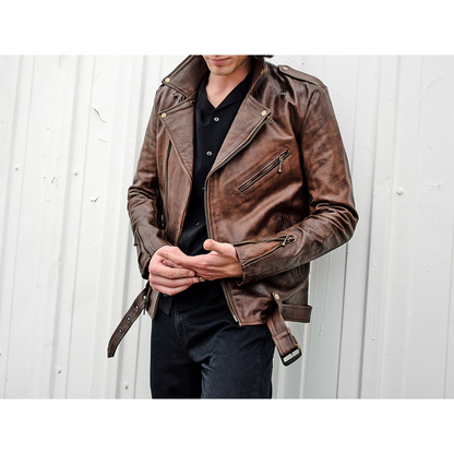 Mens Vintage Brown Slim Fit Motorcycle Cycle Belted Leather Jacket
