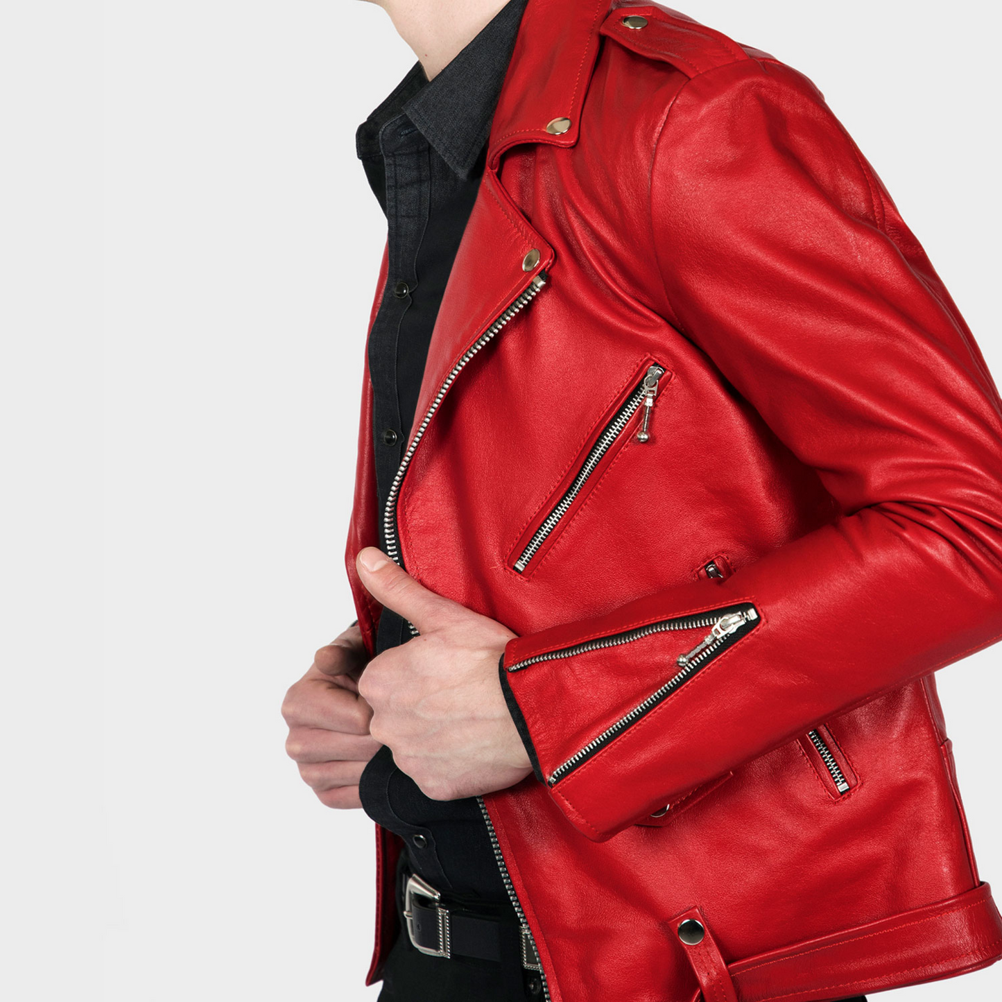 Men's Red Slim Fit Motorcycle Biker Belted Leather Jacket